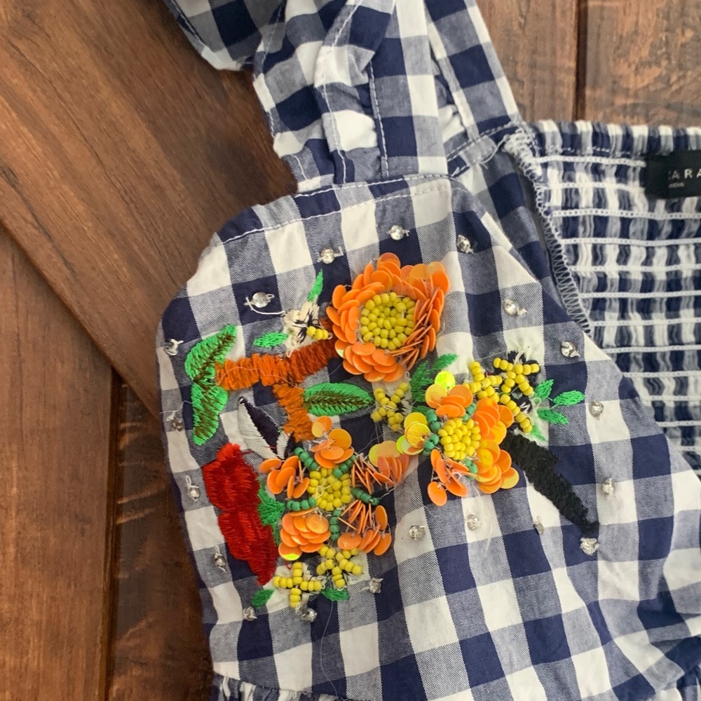 Zara Blue and White Gingham Skirt Set with Floral Embroidery - Picture 7 of 8